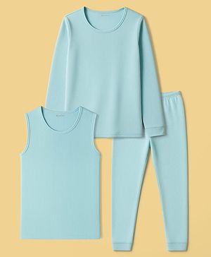 Kanvin Cotton Full Sleeves Solid Thermal Vests & Pajama Set - Aqua Blue