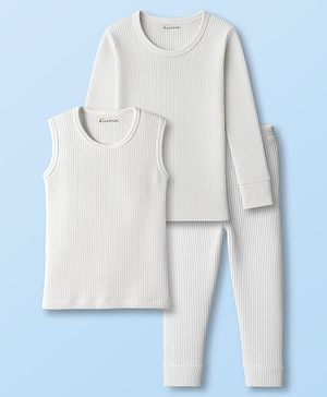 Kanvin Thermal Cotton Solid Colour Full Sleeves Vests with Pajama Pack of 3 - White