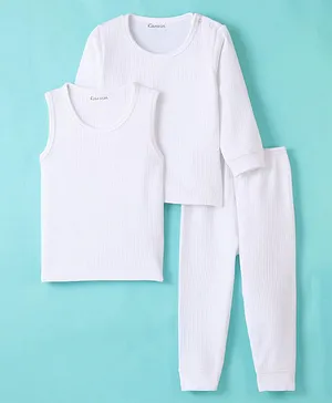 Kanvin Thermal Cotton Solid Colour Full Sleeves Vests with Pajama Pack of 3 - White