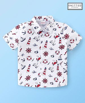 Babyhug 100% Cotton Knitted Half Sleeves Shirt Boat Print - White