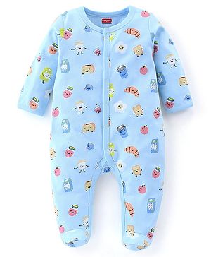 Babyhug Cotton Knit Full Sleeves Footed Sleepsuit Food Print - Light Blue