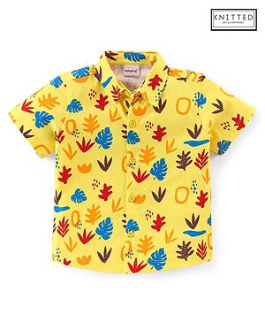 Babyhug Cotton Knit Half Sleeves Regular Collar Shirt Leaves Print- Yellow