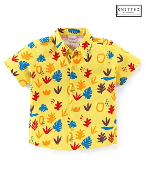 Babyhug Cotton Knit Half Sleeves Regular Collar Shirt Leaves Print- Yellow