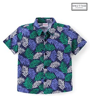 Babyhug Half Sleeves 100% Cotton Knitted Leaves Printed Shirt  - Blue
