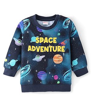 Babyhug Cotton Knit Full Sleeves Sweatshirt with Space Print - Navy Blue