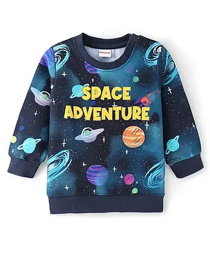 Babyhug Cotton Knit Full Sleeves Sweatshirt with Space Print - Navy Blue