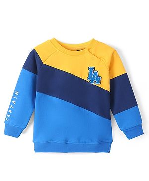 Babyhug Cotton Knit Full Sleeves Cut & Sew Sweatshirt With Graphics and Applique Detailing - Blue & Yellow