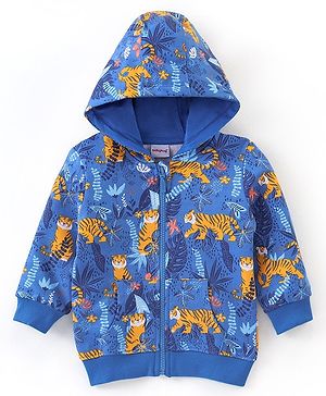 Babyhug Cotton Full Sleeves Hooded Sweat Jacket Tiger Print-  Blue