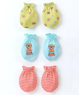 Babyhug Bear Print Cotton Mittens Pack of 3 - Multicolour