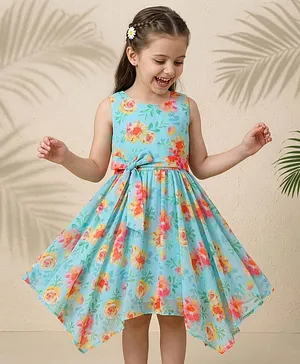 Hola Bonita Woven Sleeveless
                                  Floral Print Frock with Handkerchief
                                  Hem - Green