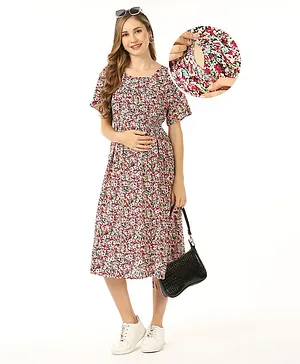 Bella Mama Short Sleeves Floral Printed Viscose Maternity Dress - Multicolor