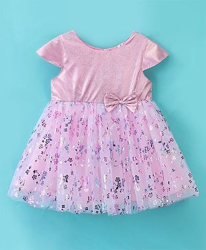Babyhug Cap Sleeves Foil Printed Flared Party Frock - Pink & White