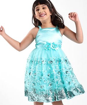 Babyhug Sleeveless Party Frock With Floral Applique & Sequine Detailing - Green