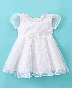 Babyhug Half Sleeves Floral Printed Organza Party Frock - Offwhite