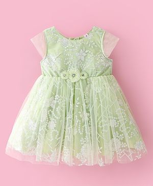 Babyhug Cap Sleeves Frock with Floral Glitter Print & Applique - Mint Green