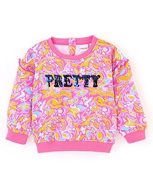 Babyhug Cotton Full Sleeves Drop Shoulder Printed Sweatshirt With Sequins & Frill Detailing- Pink