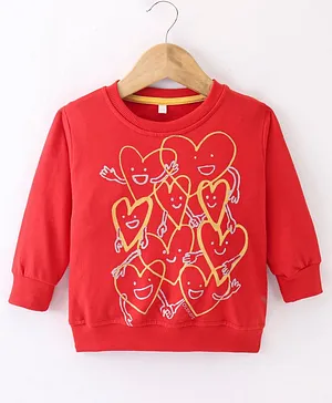 Olio Kids Looper Knit Full Sleeves T-Shirt Heart Print - Red