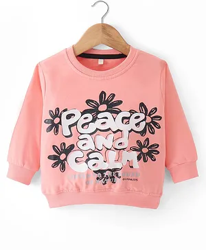 Olio Kids Looper Knit Full Sleeves T-Shirt Text Print - Peach