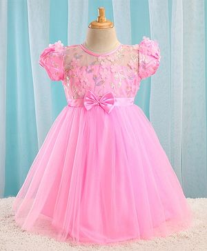 Babyhug Cap Sleeves 3D Fabric Yoke with Shimmer Flare Party Frock - Light Pink
