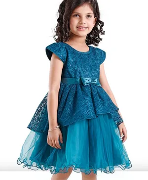 Babyhug Woven Cap Sleeves Embroidered Party Frock With Sequine Detailing - Sea Green