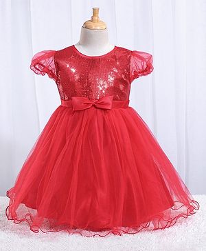 Babyhug Balloon Sleeves Sequin Yoke Party Frock - Red