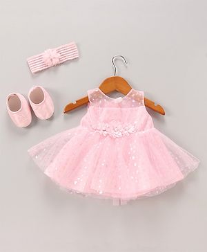 Babyhug Woven Sleeveless Party Dress with Headband & Booties Floral Applique Mesh Detailing - Pink