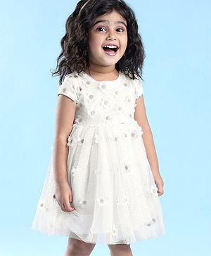 Babyhug Cap Sleeves Floral 3 D Applique Party Frock - White