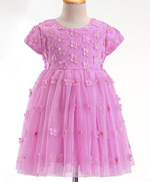 Babyhug Woven Half Sleeves Party Frock with Floral Applique - Lavender
