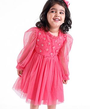 Babyhug Full Sleeves 3D Applique Yoke with Glitter Flare Party Frock with Bow Applique - Hot Pink