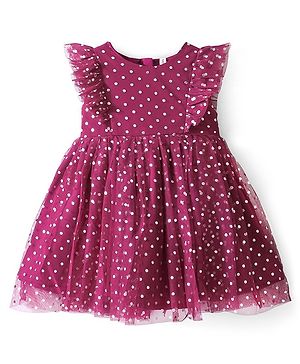 Babyhug Woven Sleeveless Party Frock Polka Dots Foil Print - Plum
