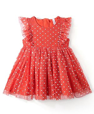 Babyhug Sleeveless All Over Foil Printed Polka Dot Party Frock - Red