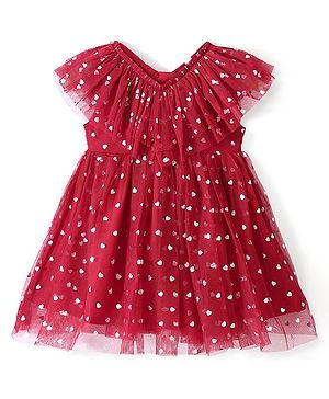 Babyhug Sleeveless Frock with Polka Dots Foil Print - Red