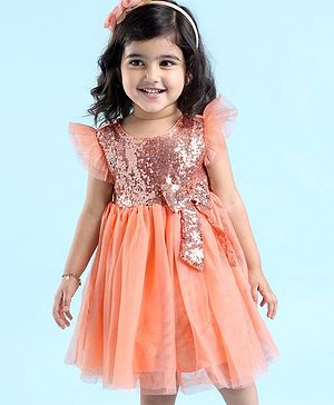 Babyhug Flutter Sleeves Sequinned Party Frock with Bow Applique - Peach