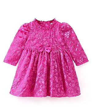 Babyhug Full Sleeves Textured Fabric Party Frock with Bow Applique  - Fuchsia