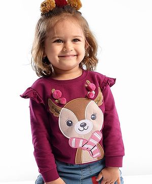 Babyhug Cotton Full Sleeves Sweatshirt With Fur Reindeer Applique & Frill Detailing- Maroon