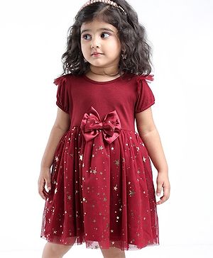 Babyhug Woven Half Sleeves Party Frock With Bow Applique & Over Foil Print - Maroon