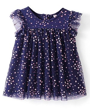 Babyhug Sleeveless All Over Foil Printed Mesh Party Dress - Navy Blue