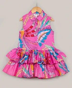 Hugsntugs Sleeveless Leaves Printed & Tiered Flounce Dress - Pink