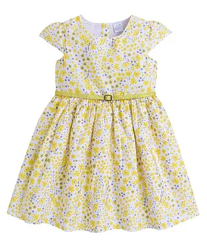 Funshine Cap Sleeves Seamless Summer Flowers & Lemon Printed Fit & Flare Dress - Yellow
