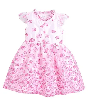 Funshine  Cap Sleeves Seamless Seamless Flowers Printed Fit & Flare Organza Dress - Pink