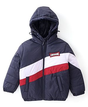 Babyhug Full Sleeves Padded & Hooded Jacket Striped- Navy Blue