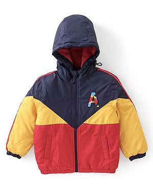 Babyhug Full Sleeves Padded & Hooded Jacket Color Block- Red & Navy