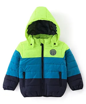 Babyhug Woven Full Sleeves Hooded Jacket Basket Ball Print - Blue & Green