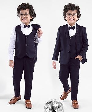 Babyhug Full Sleeves 4 Pieces Party Suit With Bow - Navy Blue