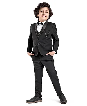 Babyhug Woven Full Sleeves Solid Party Suit with Waist Coat & Bow Tie - Black