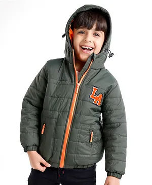 Babyhug Full Sleeves Padded & Hooded Jacket With Text Embroidery- Olive