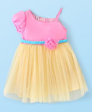 Babyhug Woven One Shouldered Sleeve Mesh Party Frock with Floral Applique - Pink