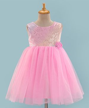 Babyhug Woven Sleeveless Sequinned Party Frock With Floral Applique - Pink