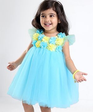 Babyhug Flutter Sleeves with Floral Applique in Yoke Party Frock - Light Blue