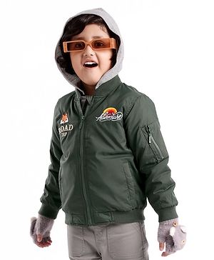 Babyhug Full Sleeves Woven Jacket with Detachable Hood - Olive